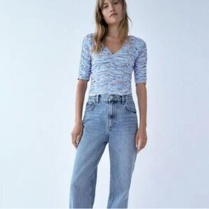 Zara Tulle Ruched 1/2 Sleeve Floral Blouse Top Blue Women’s size Small